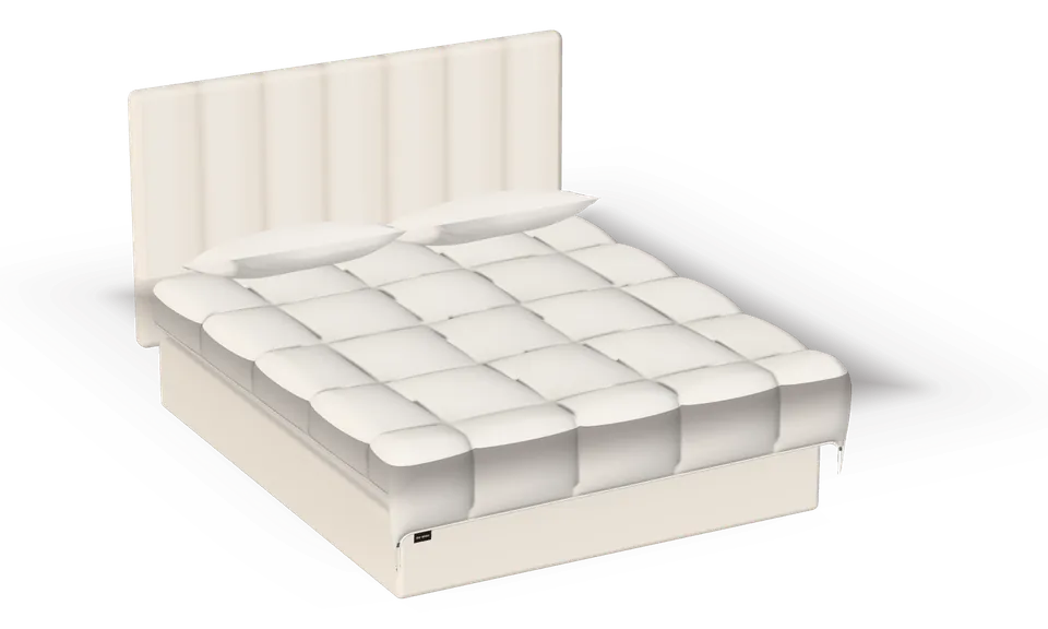 A made-up hotel bed with a box-stitched duvet and two pillows