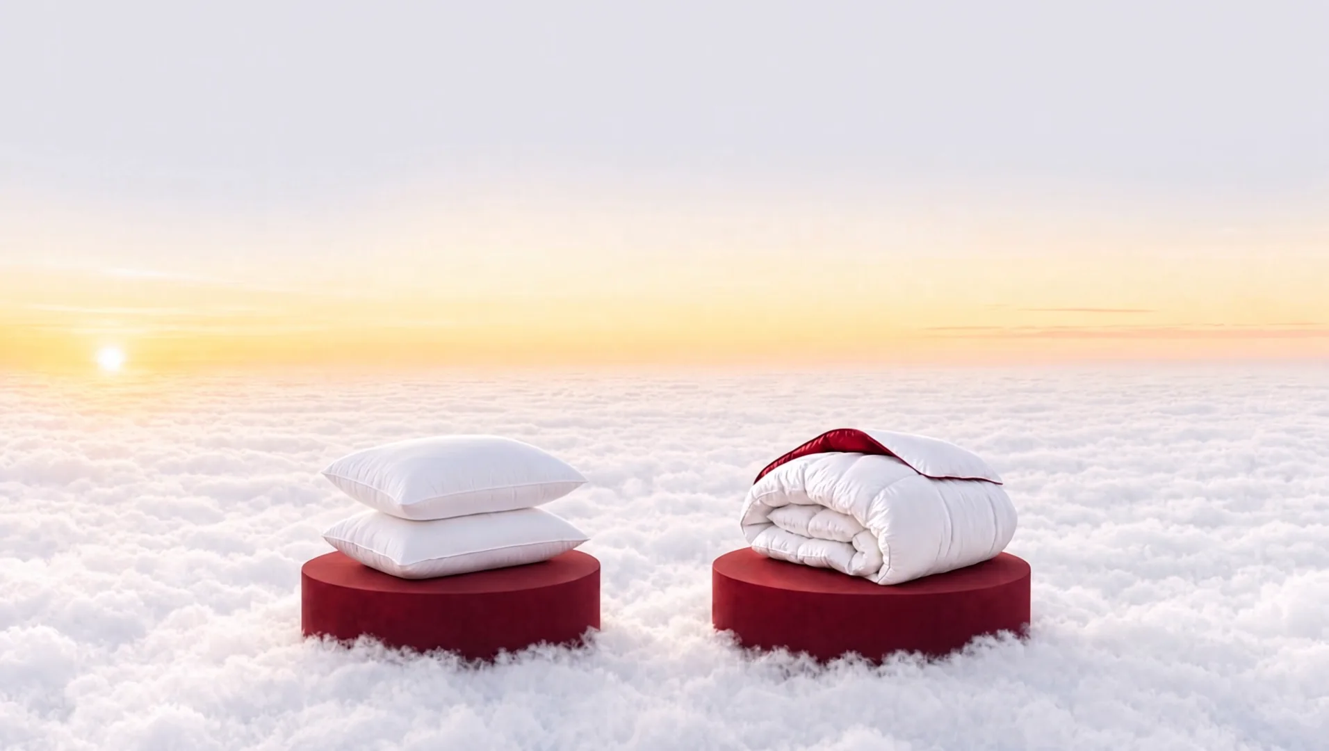 Een kussen en een dekbed van HMG op rode sokkels boven de wolken