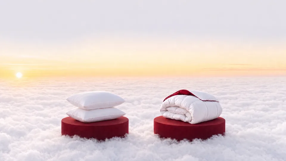An HMG pillow and duvet on red pedestals above the clouds
