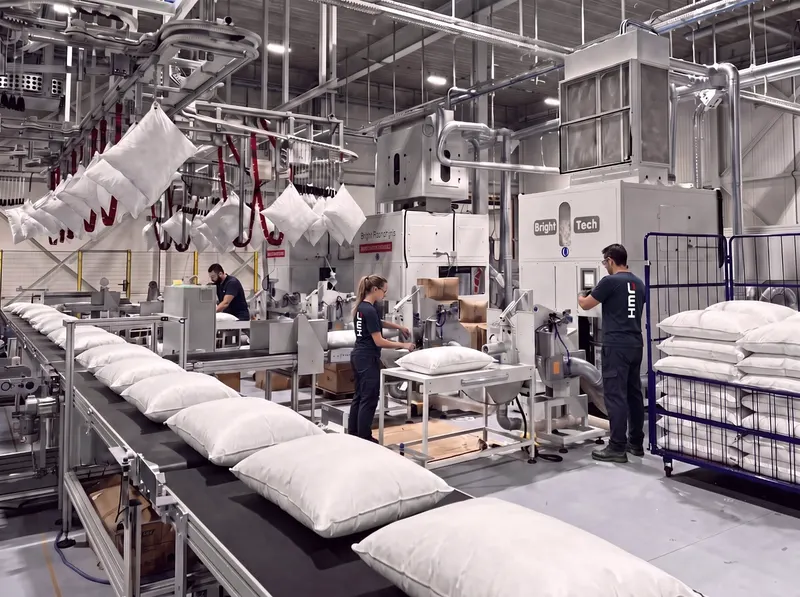 De kussenlijn in de fabriek van HMG Bedtextiel: kussens op de band, de vulmachines en medewerkers in HMG-shirts