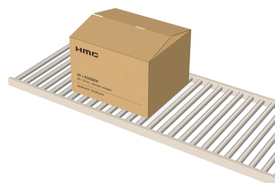 An outer carton of pillows on the roller conveyor.